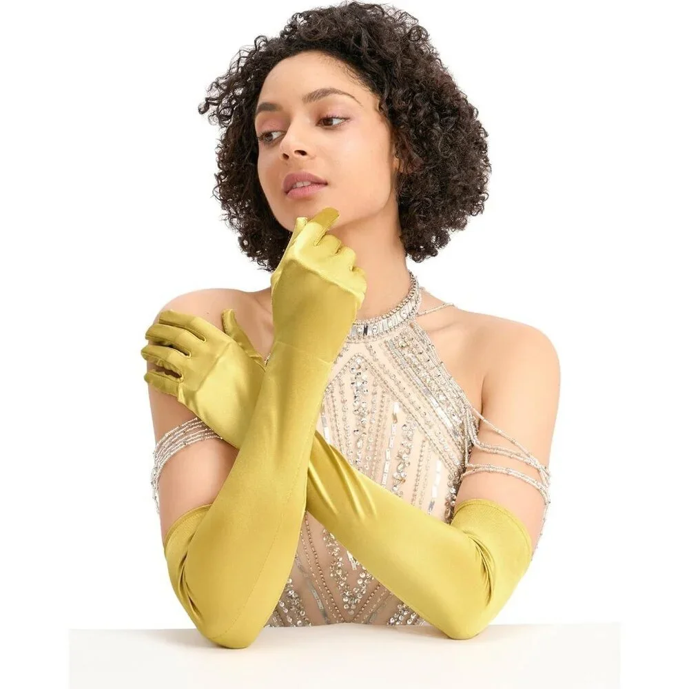 Women's Evening Gold Long Satin Gloves Elbow Length Formal Party Prom Wear